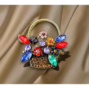 Vintage-Style Multicolor Rhinestone Flower Basket Brooch